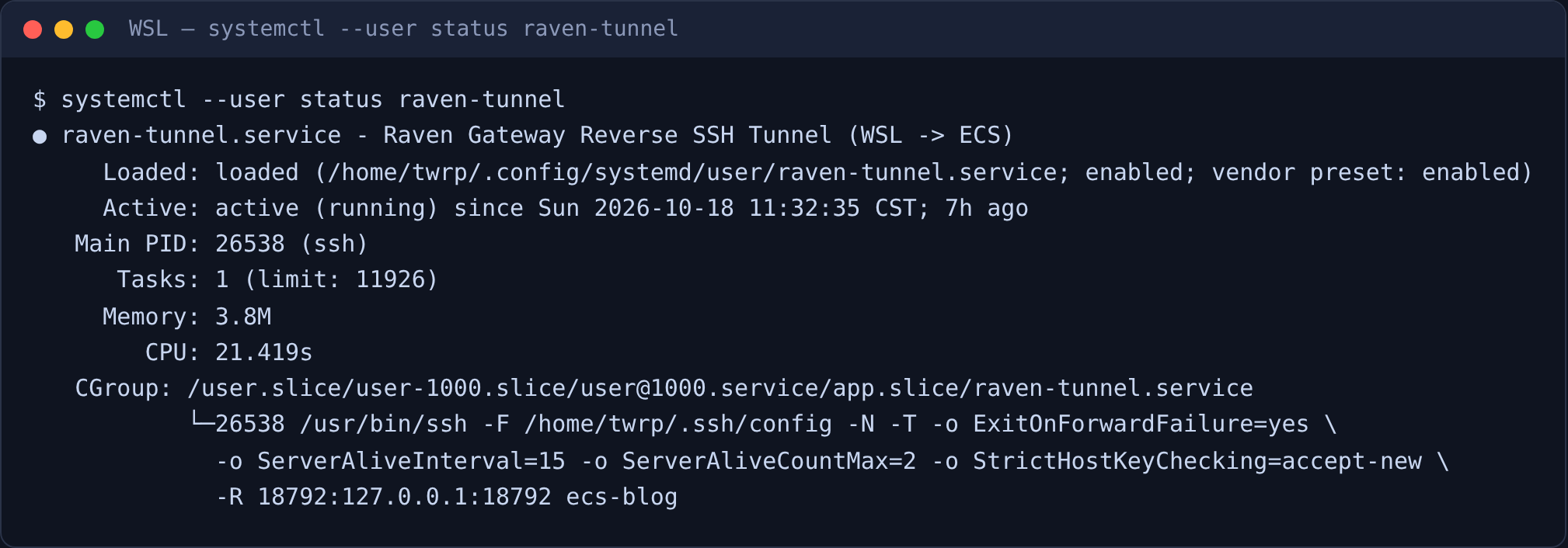 WSL 侧:systemd 用户服务 active (running),ssh -R 把 ECS 回环的 18792 映射回本地网关,断线由 systemd 重启